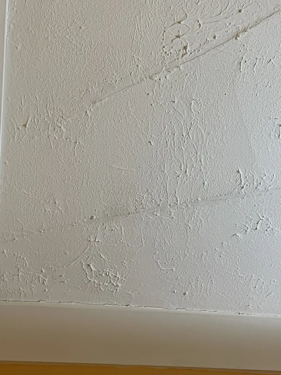 Close-up of hairline cracking in a textured plaster ceiling (survey of existing condition)