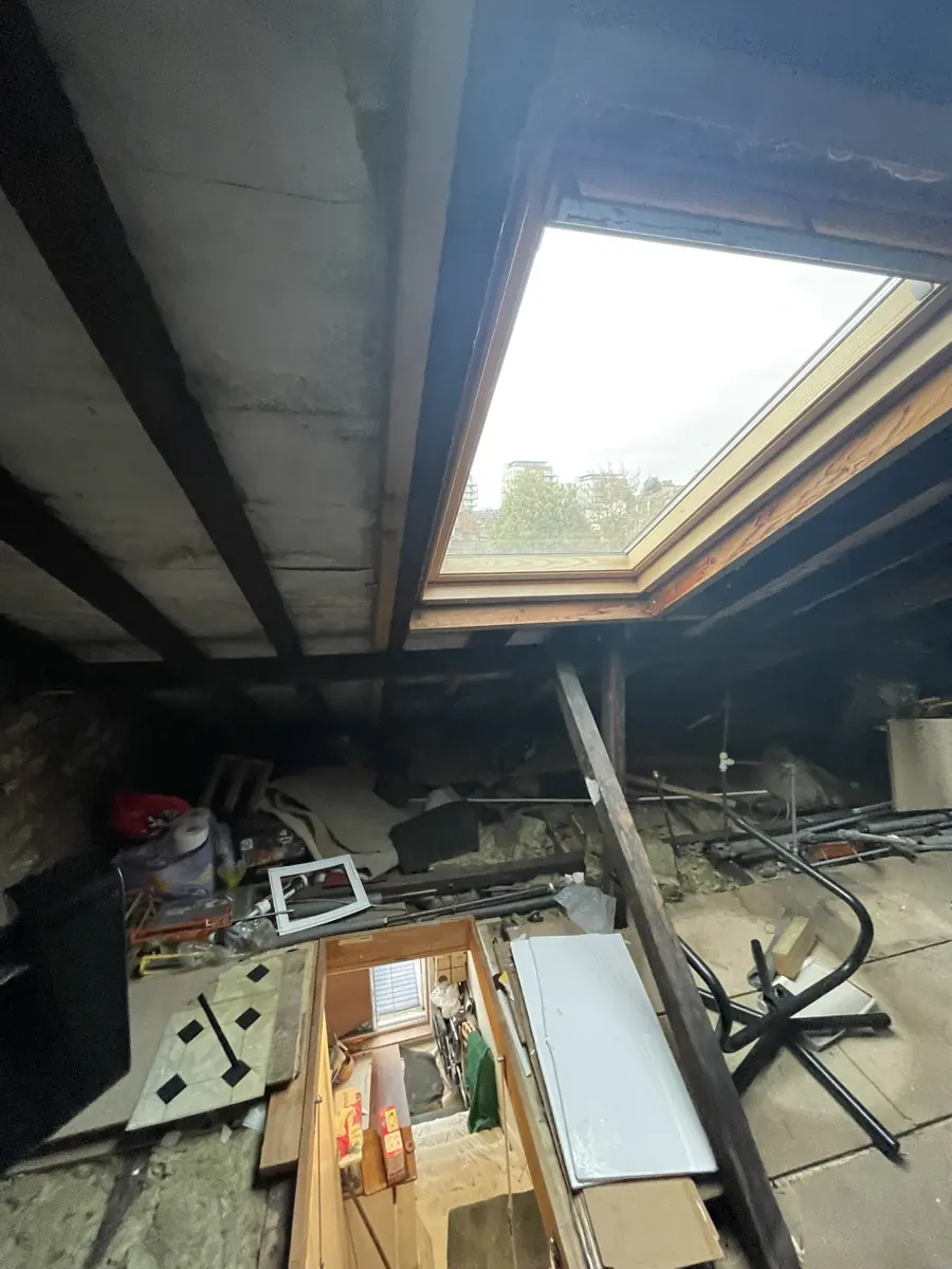 Inside the existing loft: rafters, purlin with raking strut and rooflight, loft hatch below - the space to be converted