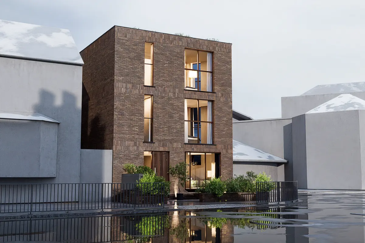 CGI render of the proposed house front elevation, with large glazed openings and planting