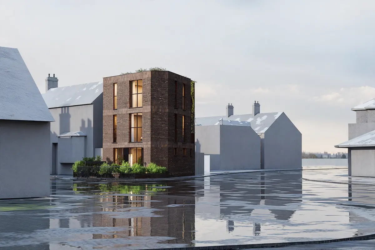 CGI render of the proposed narrow three-storey brick house on the corner plot, with neighbours shown as grey massing