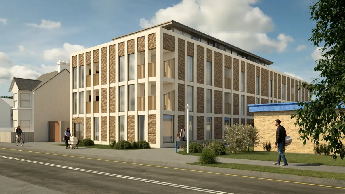 CGI street view of the proposed four-storey mixed-use block in brick and pale frame, with the existing neighbouring buildings