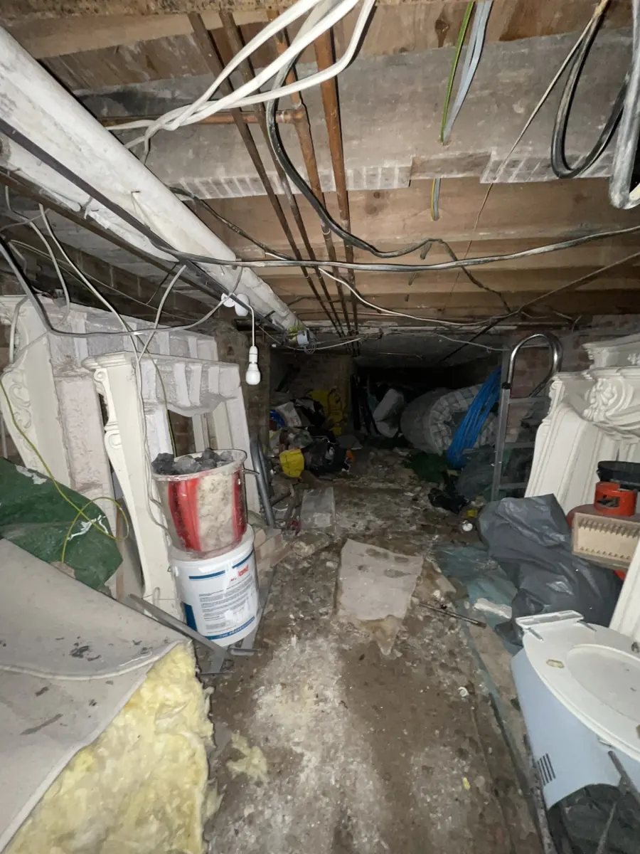 Existing cellar before conversion: timber ground-floor joists, brick walls, debris-strewn floor