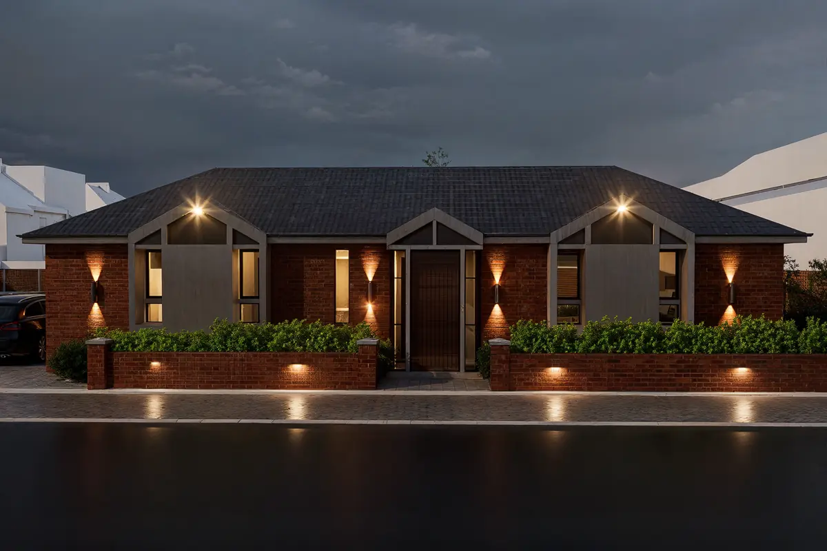 CGI render of the proposed single-storey brick house at dusk, street frontage