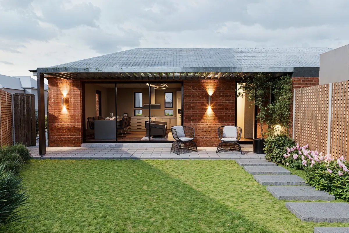 CGI render of the rear garden elevation with glazed doors and pergola