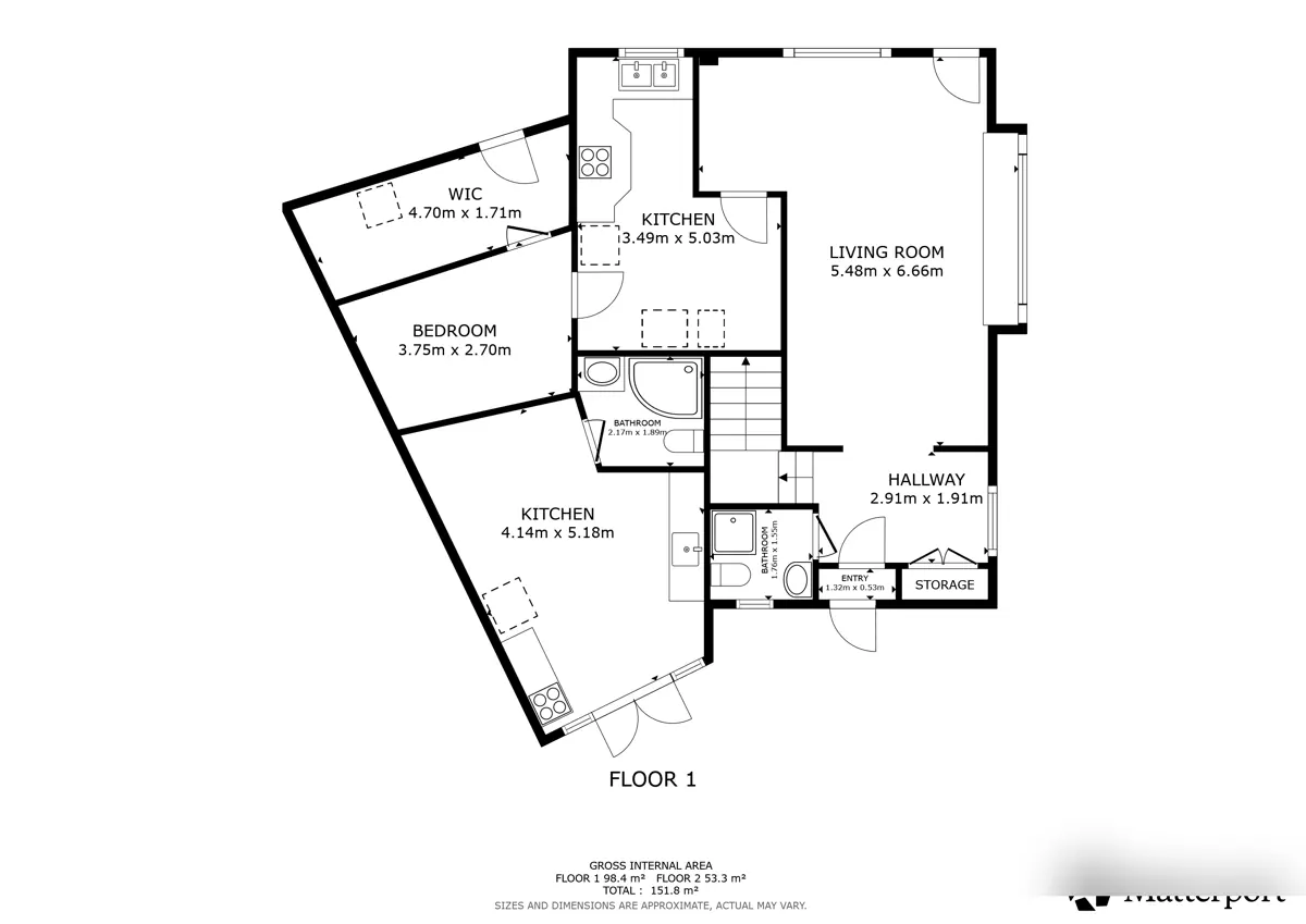 Existing ground-floor plan of the house (Matterport-generated) with room sizes